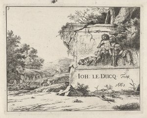 Vista de una ruina, en un paisaje con un río de Johan le Ducq